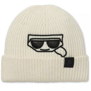 Karl Lagerfeld Paris Head Ribbed Beanie Hat Soft  White